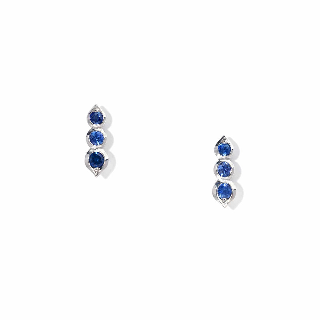 Sapphire Earrings: Three Stone Sapphire Studs in 18k White Gold