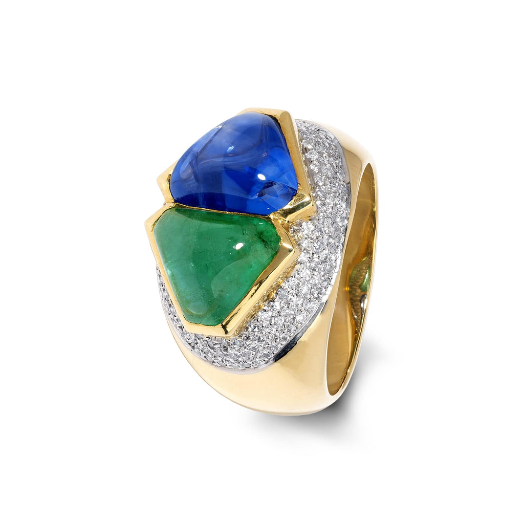 Cocktail Ring: Cabochon Sapphire and Emerald Ring in 18k Yellow Gold
