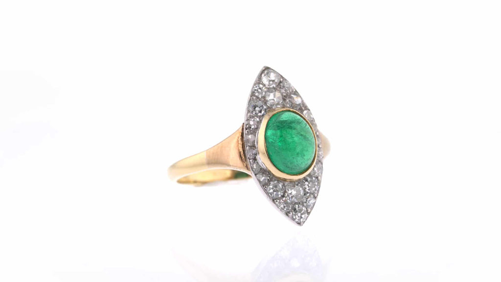 Cocktail Ring: Cabochon Emerald Navette Ring in Yellow Gold
