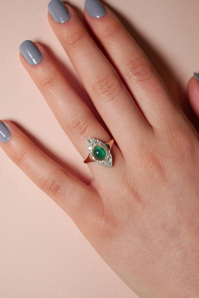 Cocktail Ring: Cabochon Emerald Navette Ring in Yellow Gold