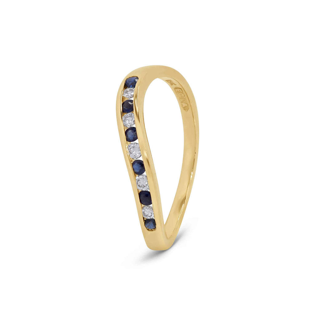 Stacking Ring: Sapphire and Diamond Curved Ring in 18k Yellow Gold