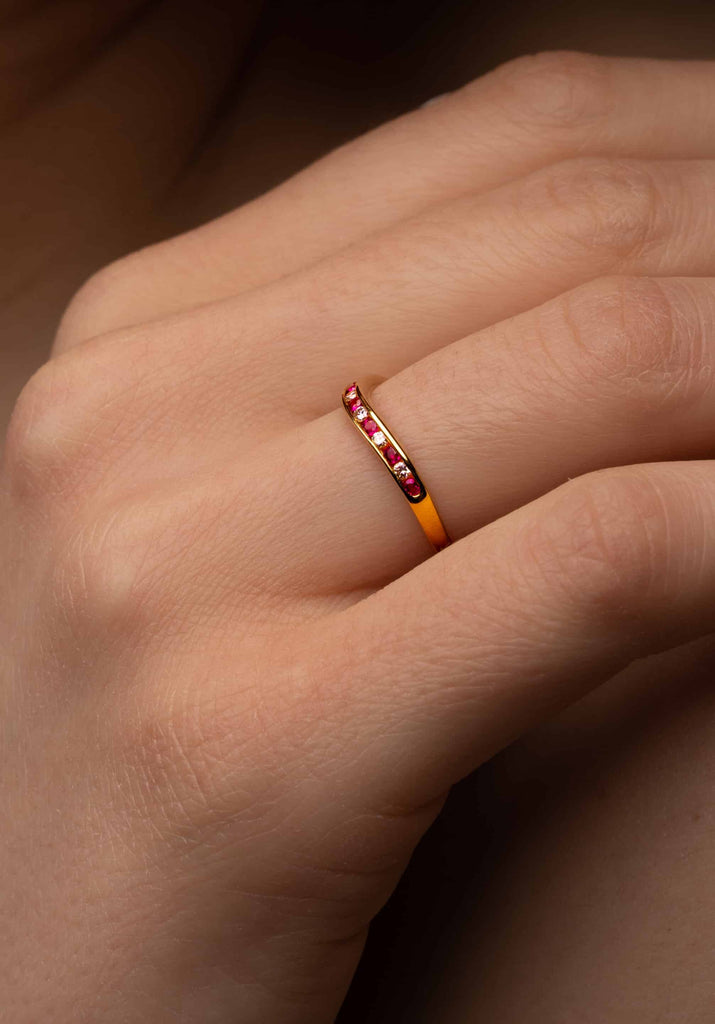 Stacking Ring: Curved Ruby and Diamond Band in 18k Yellow Gold