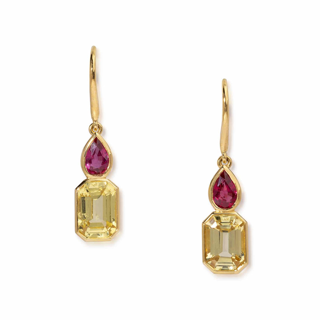 Drop Earrings: Yellow Sapphire and Ruby Earrings in 18k Yellow Gold