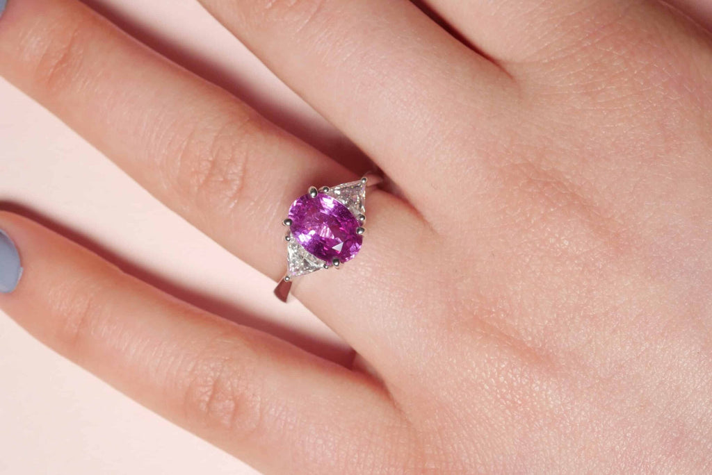Engagement Ring: Pink Sapphire Three Stone Ring in 18k White Gold