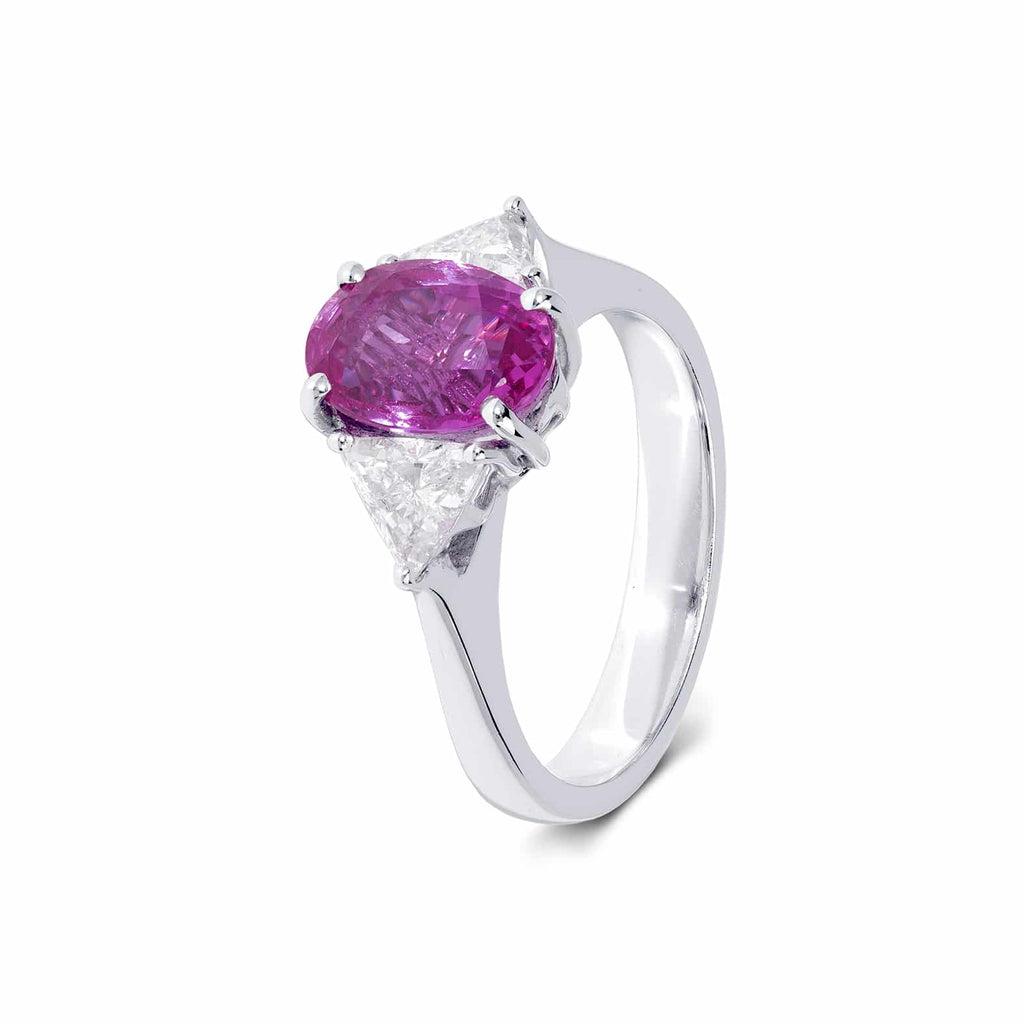 Engagement Ring: Pink Sapphire Three Stone Ring in 18k White Gold