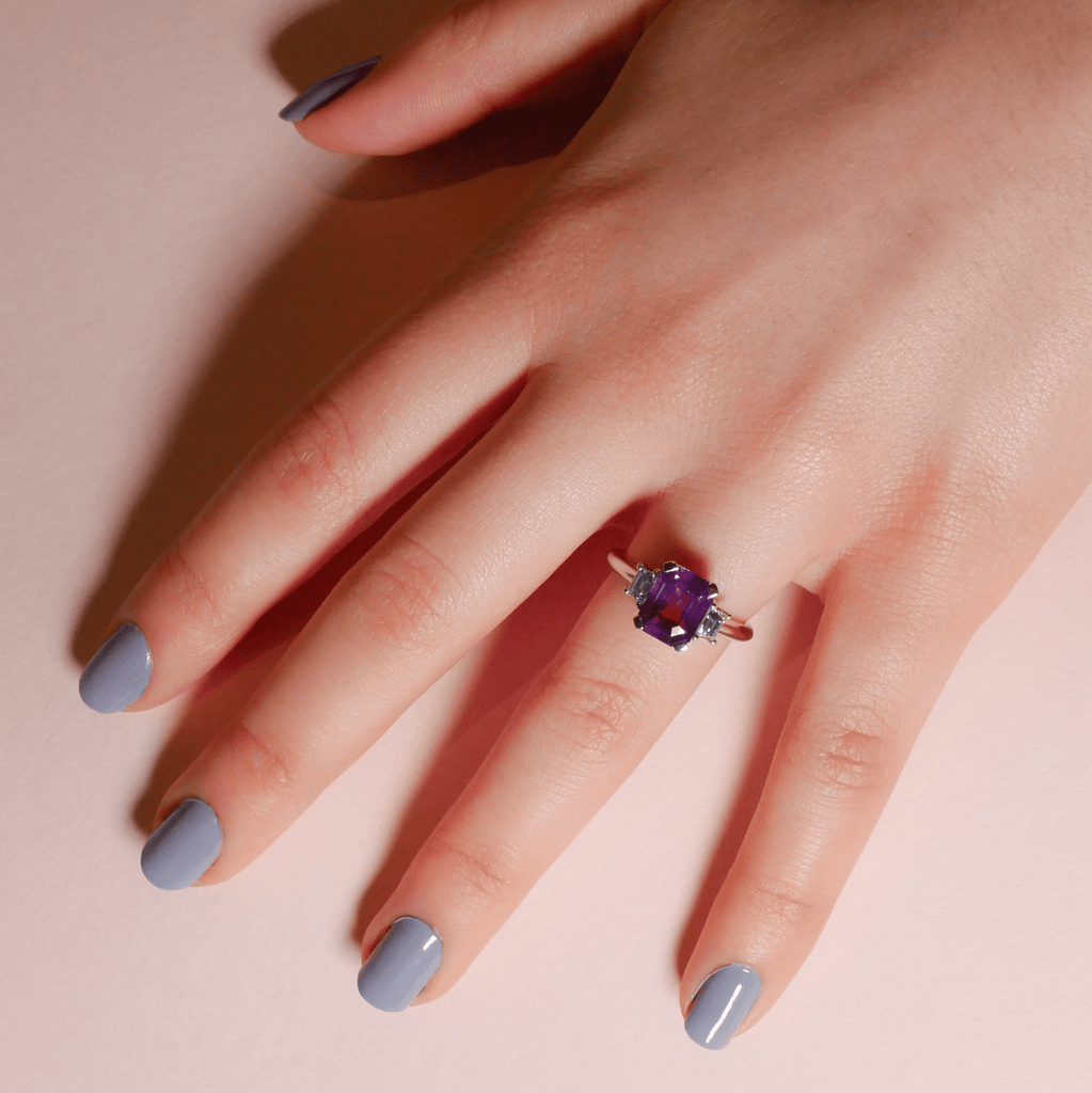 Engagement Ring: Purple Sapphire Three Stone Ring in 18k White Gold