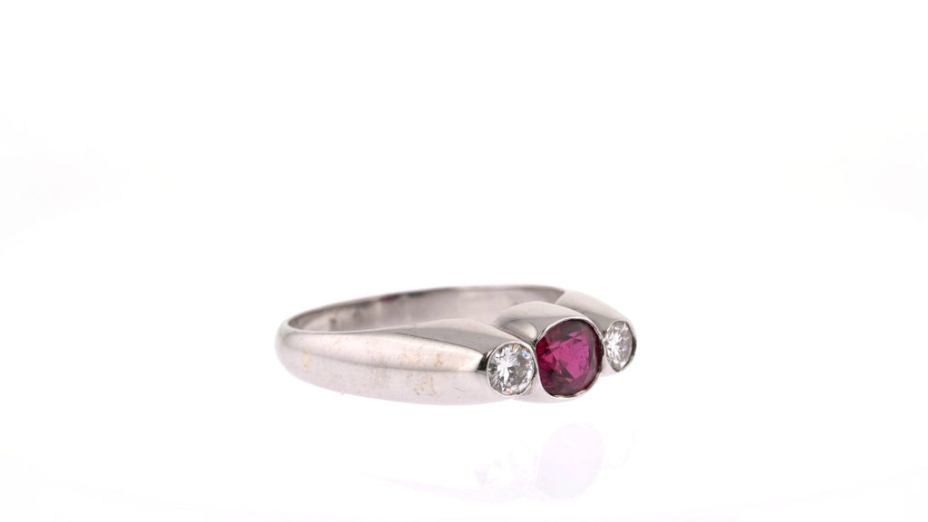 Three Stone Ring: Ruby and Diamond Ring in 14k White Gold