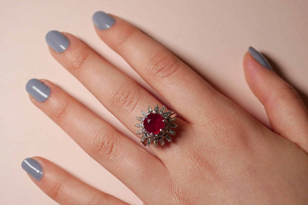 Cocktail Ring: Ruby and Diamond Double Halo Ring in 18k White Gold