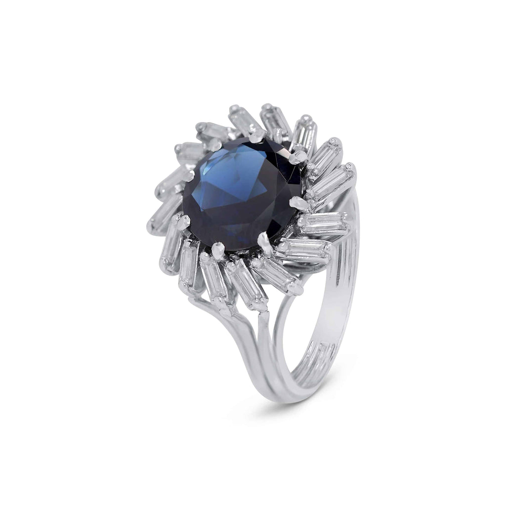 Cocktail Ring: Round Sapphire and Diamond Halo Ring in Platinum