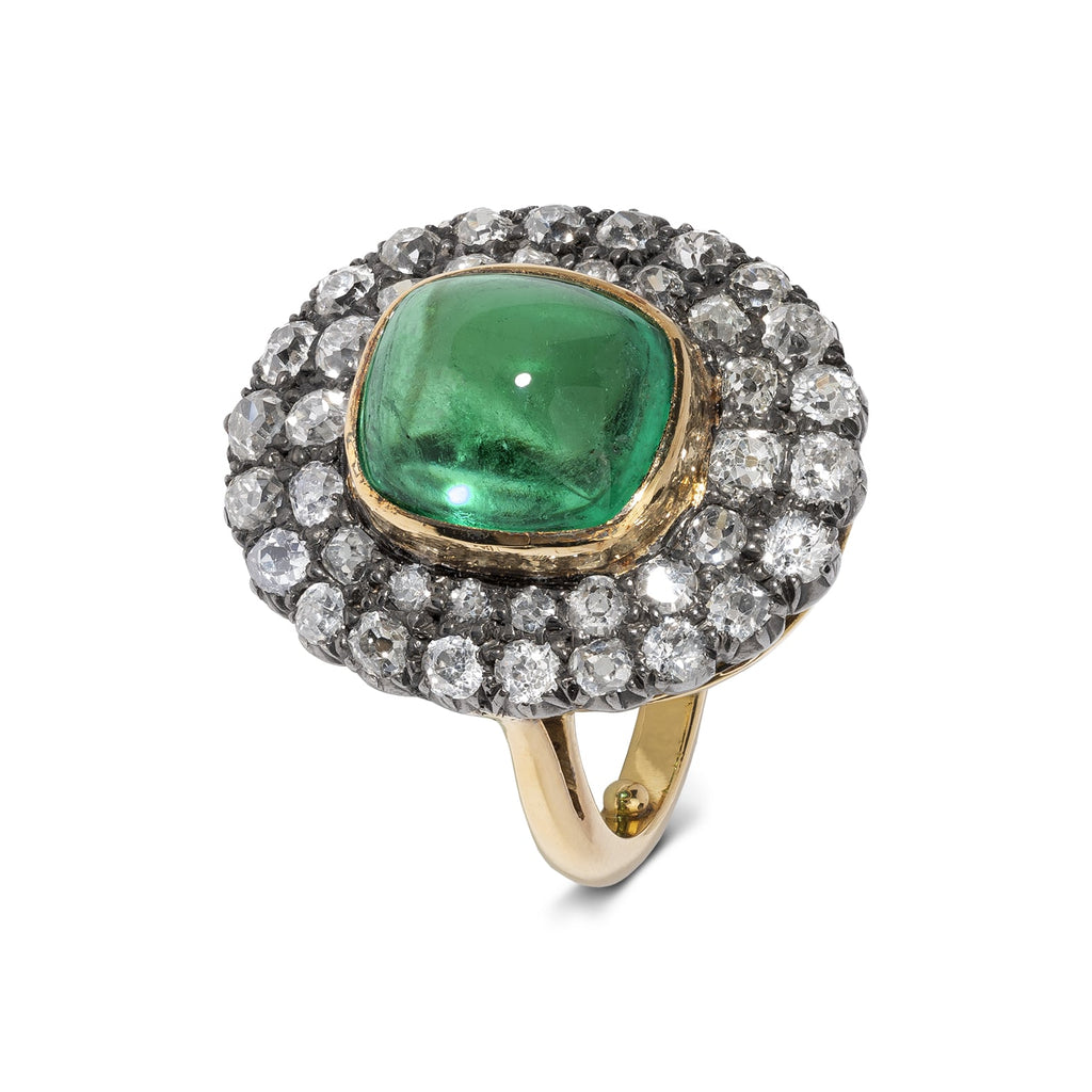 Cocktail Ring: Vintage Style Cabochon Emerald Double Halo Ring