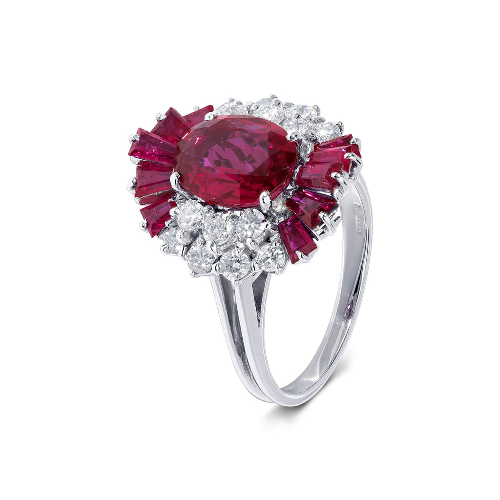Cocktail Ring: Ruby and Diamond Halo Ring in 18k White Gold