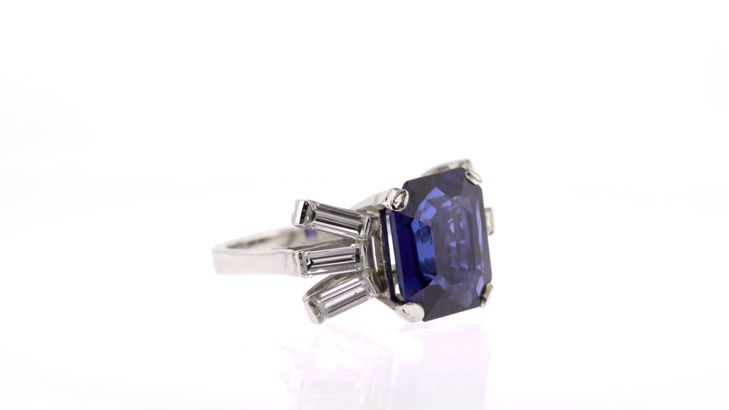 Cocktail Ring: Emerald Cut Sapphire and Diamond in Platinum