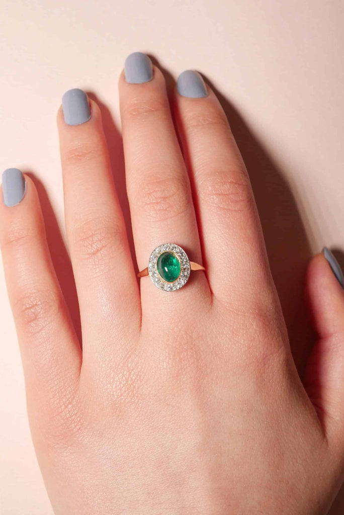 Cocktail Ring: Cabochon Emerald Halo Ring in 14k Yellow Gold