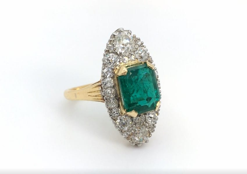 Cocktail Ring: Emerald and Diamond Navette Ring in 18k Yellow Gold