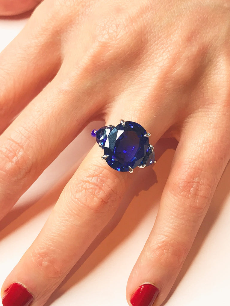 Engagement Ring: Three Stone Sapphire Ring in Platinum with Ceramic Detail
