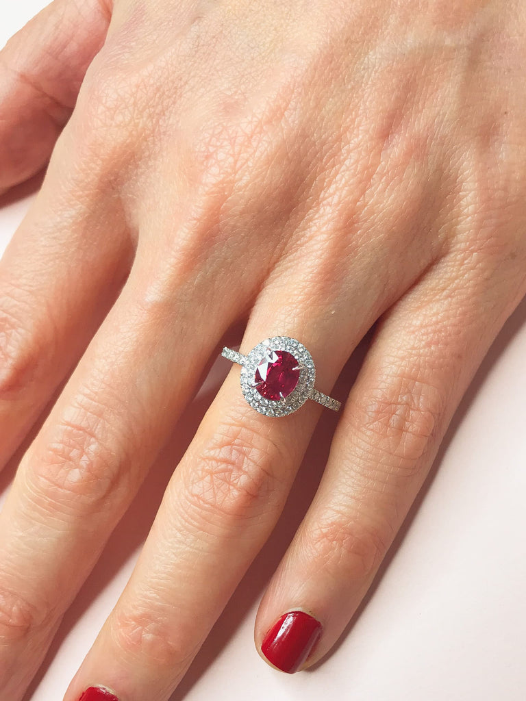 Engagement Ring: Round Ruby Double Halo Ring in Platinum
