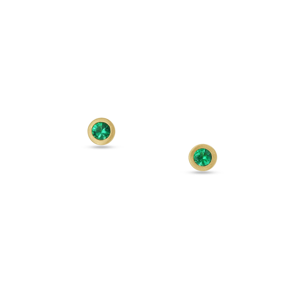 Stud Earrings: Round Emerald Solitaire Earrings in 18k Yellow Gold
