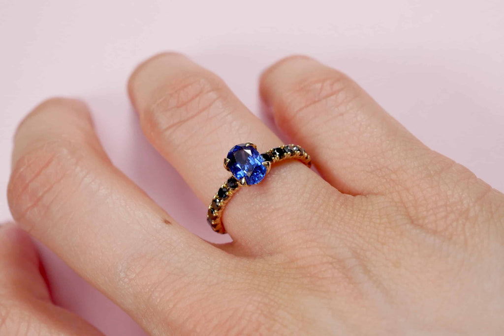 Engagement Ring: Sapphire and Black Diamond Ring in 18k Yellow Gold