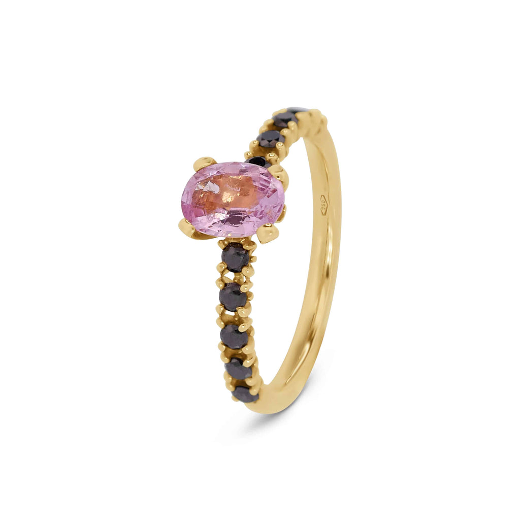 Engagement Ring: Pink Sapphire and Black Diamond Ring in 18k Yellow Gold