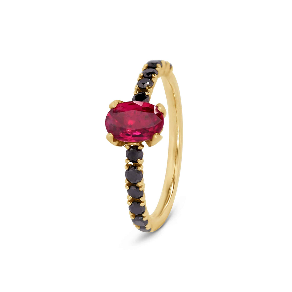 Engagement Ring: Ruby and Black Diamond Ring in 18k Yellow Gold
