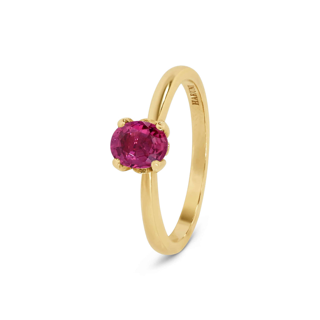 Solitaire Ring: Oval Raspberry Sapphire in 18k Yellow Gold