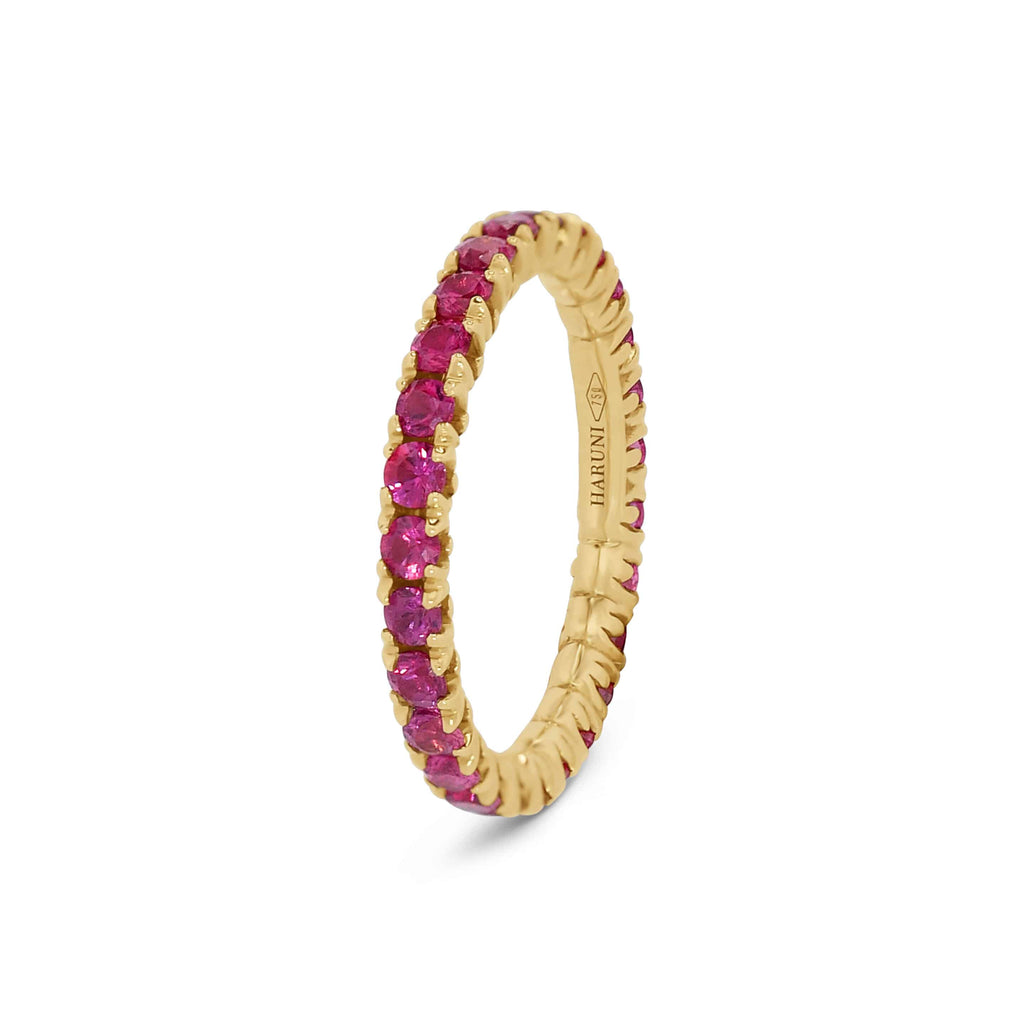 Eternity Ring: Round Ruby Eternity Ring in 18k Yellow Gold