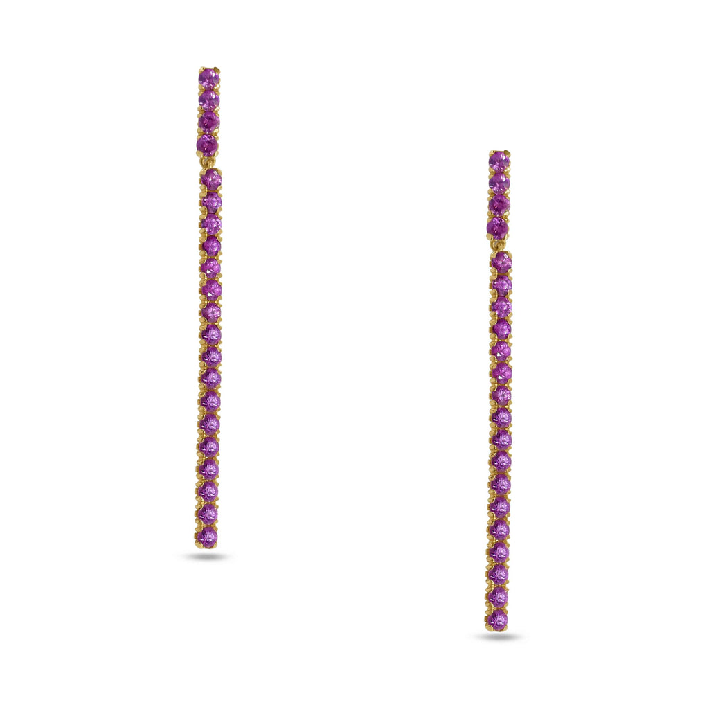 Drop Earrings: Fuchsia Pink Sapphire Long Bar Earrings in 18k Yellow Gold