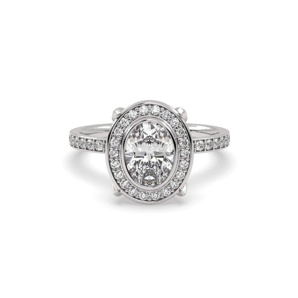 Oval Diamond Halo Engagement Ring in 18k White Gold
