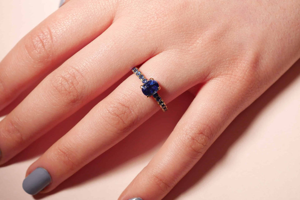 Solitaire Ring: Oval Sapphire and Pave Set Ring in 18k Yellow Gold