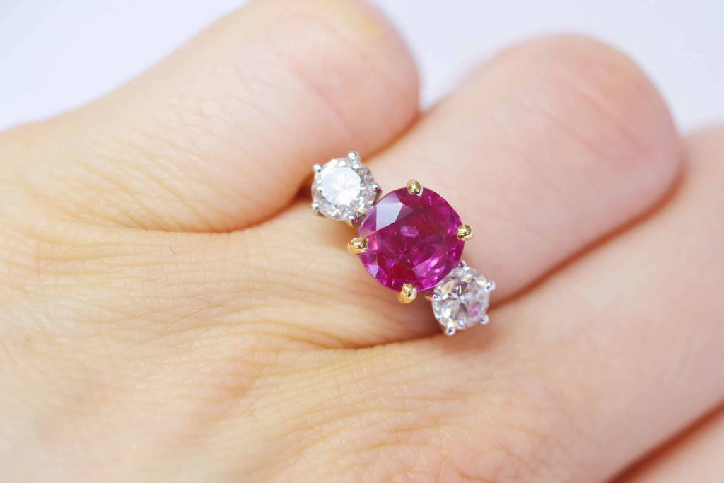 Engagement Ring: Pinkish Red Ruby Three Stone Ring in 18k Yellow Gold