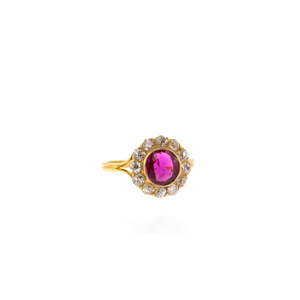 Vintage Style Engagement Ring: Ruby Halo Ring in Yellow Gold